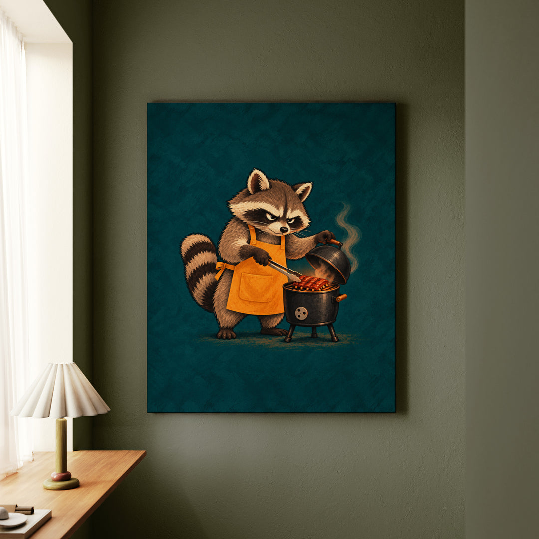 The Pit Boss – BBQ Wall Art with a Raccoon and a Tiny Smoker – Canvas Wall Art