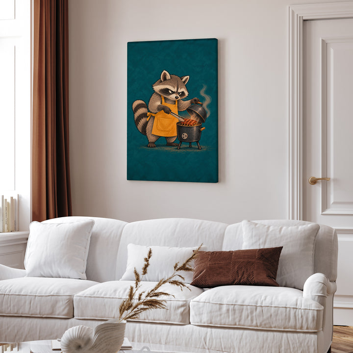 The Pit Boss – BBQ Wall Art with a Raccoon and a Tiny Smoker – Canvas Wall Art