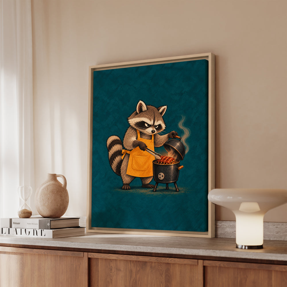 The Pit Boss – BBQ Wall Art with a Raccoon and a Tiny Smoker – Canvas / Framed Canvas