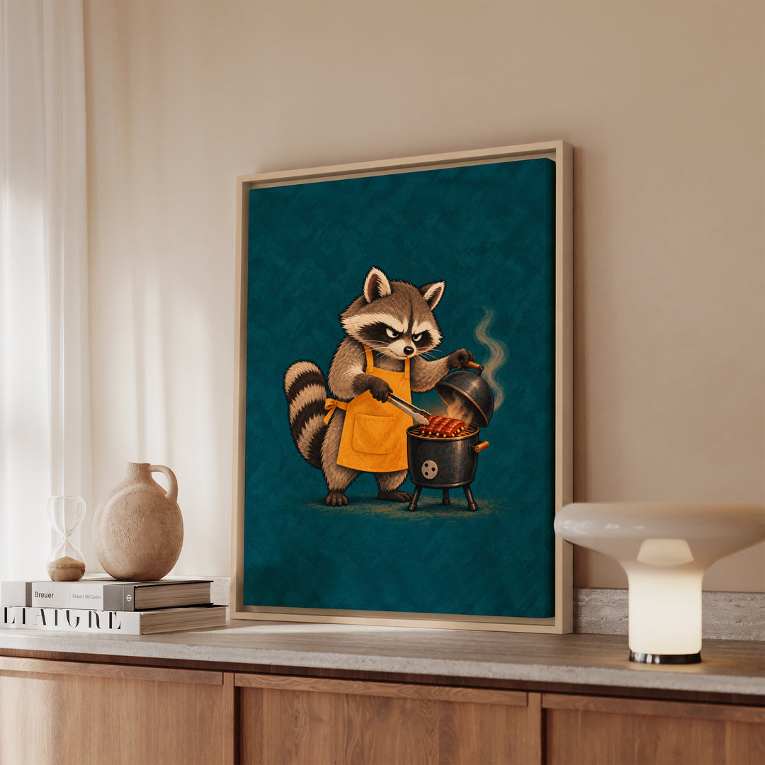 The Pit Boss – BBQ Wall Art with a Raccoon and a Tiny Smoker – Framed Canvas Wall Art