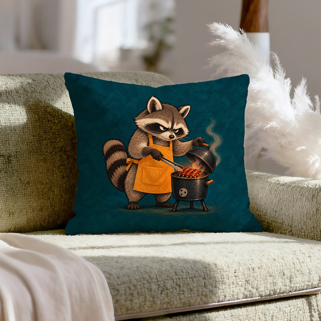 The Pit Boss – BBQ Wall Art with a Raccoon and a Tiny Smoker – Pillow / Cover