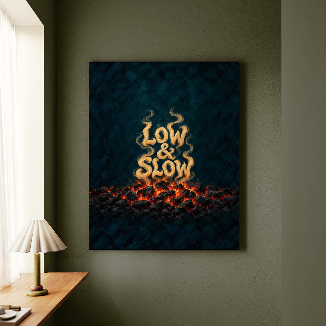 Low & Slow – Grill Art with Smoke Curl Lettering Over Embers – Canvas Wall Art