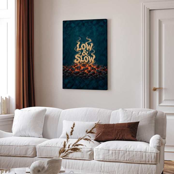 Low & Slow – Grill Art with Smoke Curl Lettering Over Embers – Canvas / Framed Canvas
