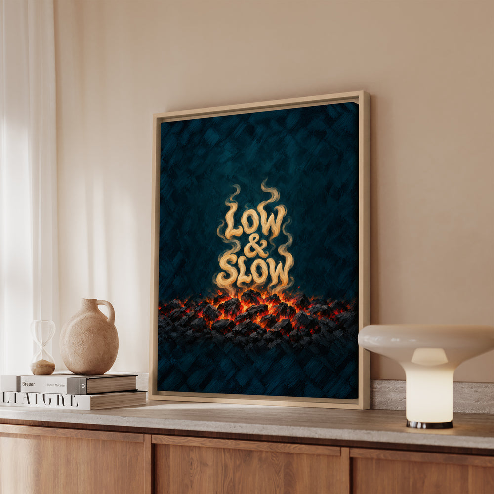 Low & Slow – Grill Art with Smoke Curl Lettering Over Embers – Canvas / Framed Canvas