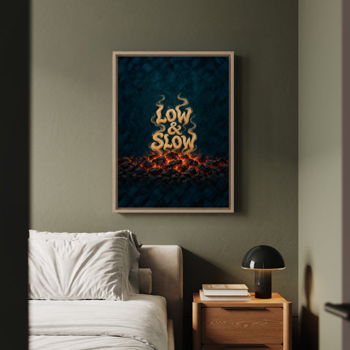 Low & Slow – Grill Art with Smoke Curl Lettering Over Embers – Canvas / Framed Canvas