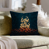 Low & Slow – Grill Decor with Smoke Curl Lettering Over Embers – Throw Pillow