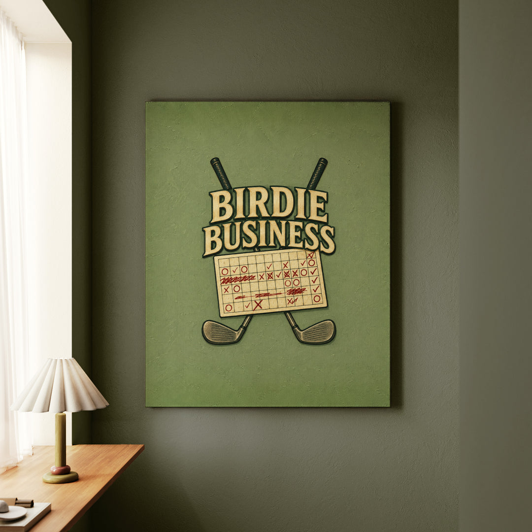 Birdie Business – Golf Art with Club Crest Lettering Over Crossed Irons – Canvas Wall Art