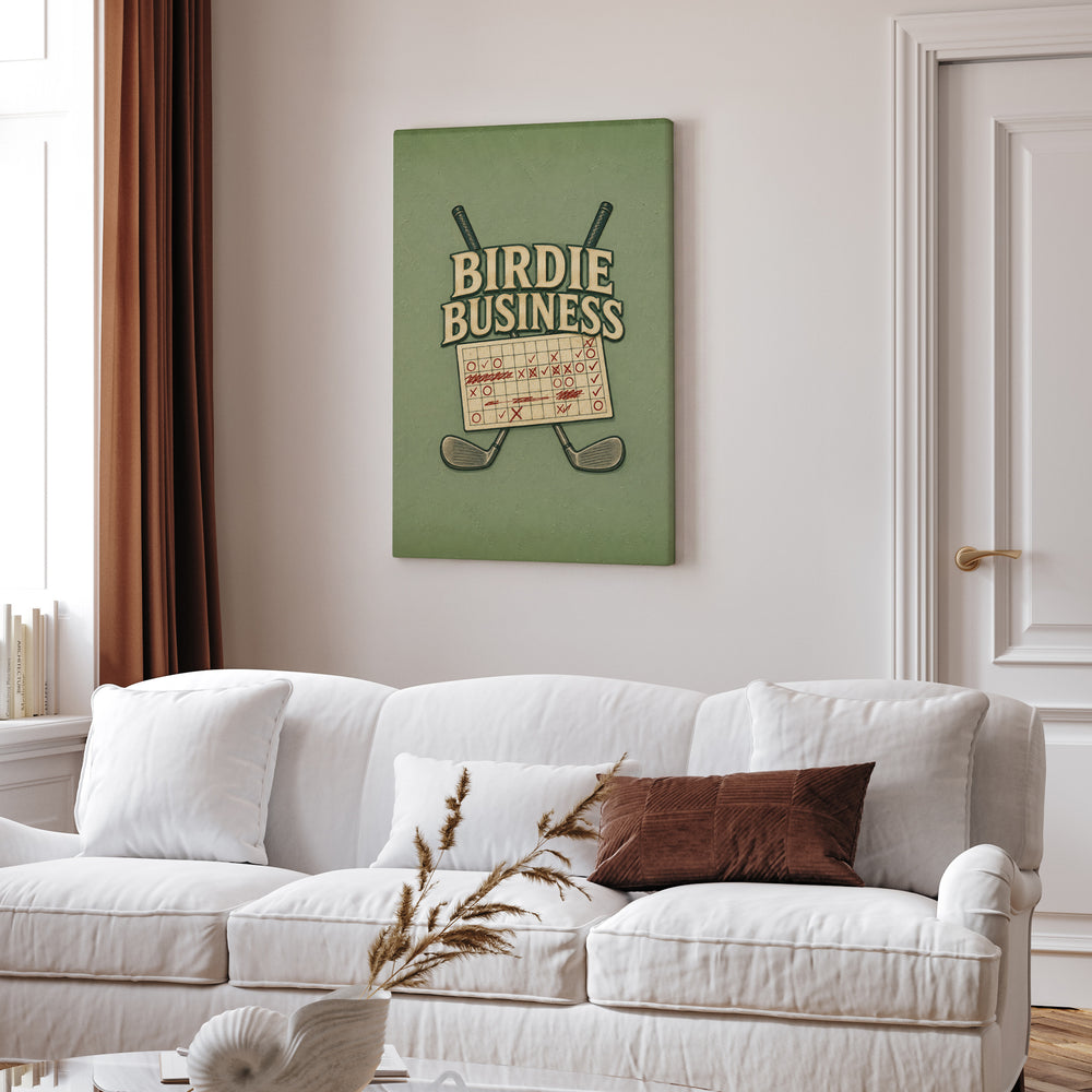 Birdie Business – Golf Art with Club Crest Lettering Over Crossed Irons – Canvas Wall Art
