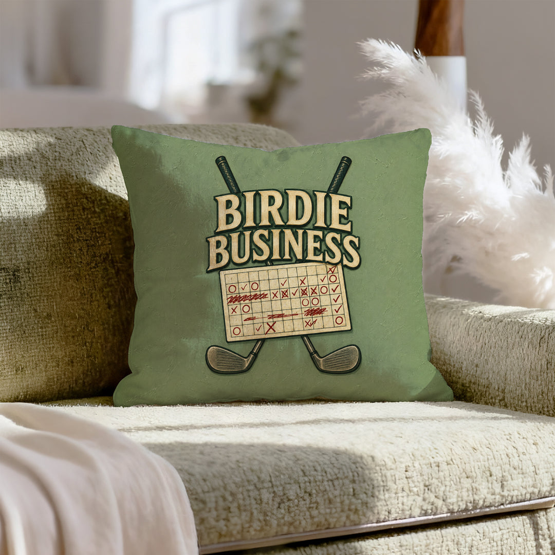 Birdie Business – Golf Art with Club Crest Lettering Over Crossed Irons – Pillow / Cover