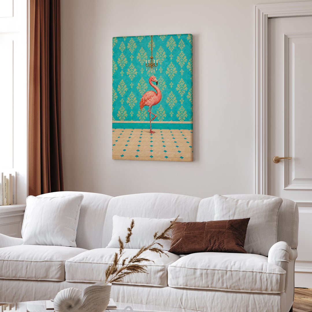 Powder Room Poser – Powder Room Art with a Flamingo and Chandelier – Canvas Wall Art