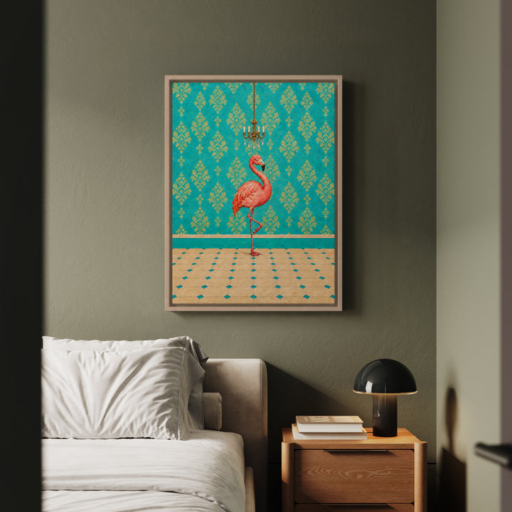 Powder Room Poser – Powder Room Art with a Flamingo and Chandelier – Framed Canvas Wall Art