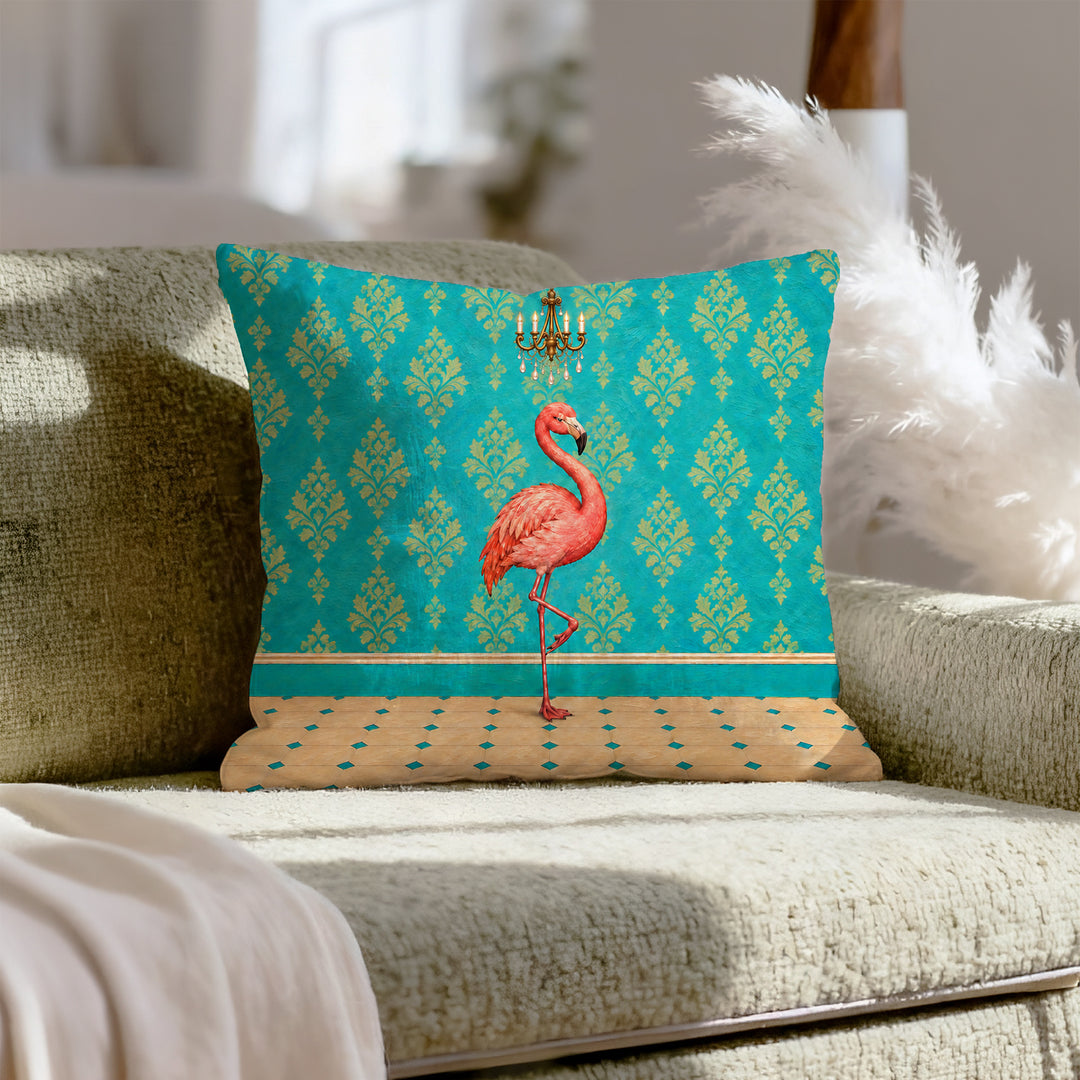 Powder Room Poser – Powder Room Decor with a Flamingo and Chandelier – Throw Pillow
