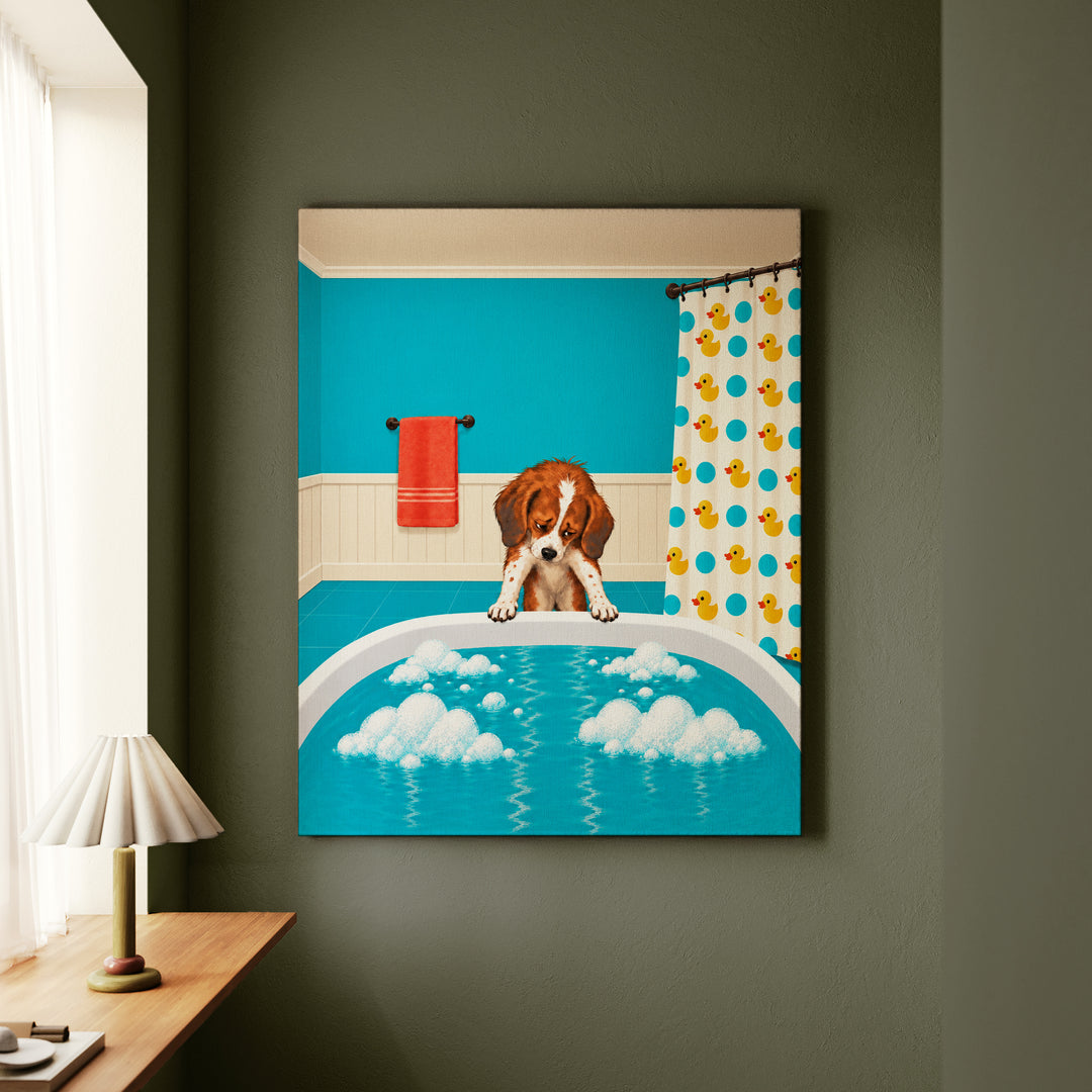 Bath Time Protest – Funny Bathroom Art with a Reluctant Droopy Dog – Canvas / Framed Canvas