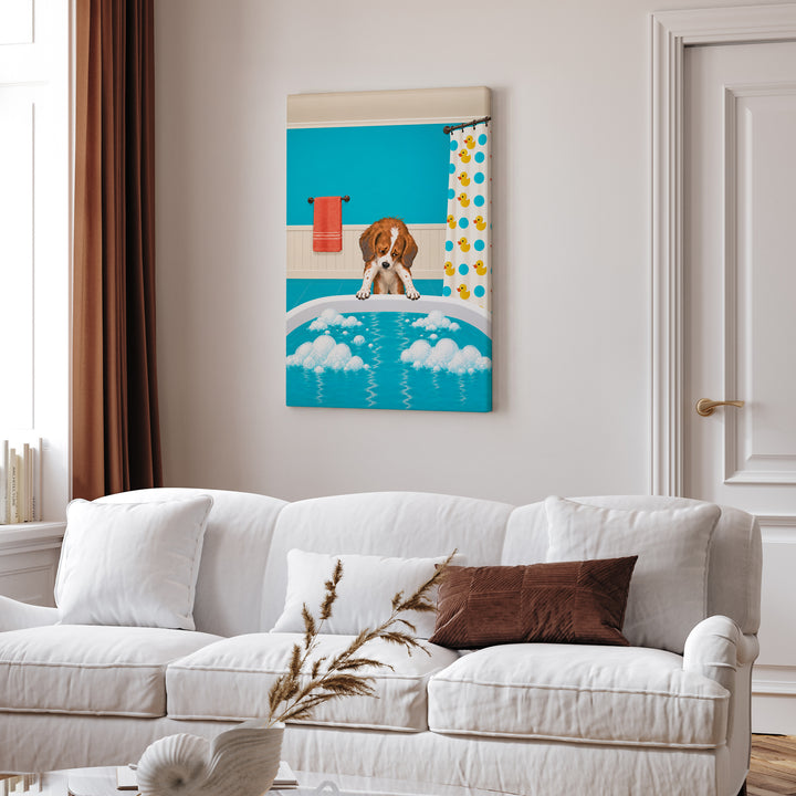 Bath Time Protest – Funny Bathroom Art with a Reluctant Droopy Dog – Canvas Wall Art