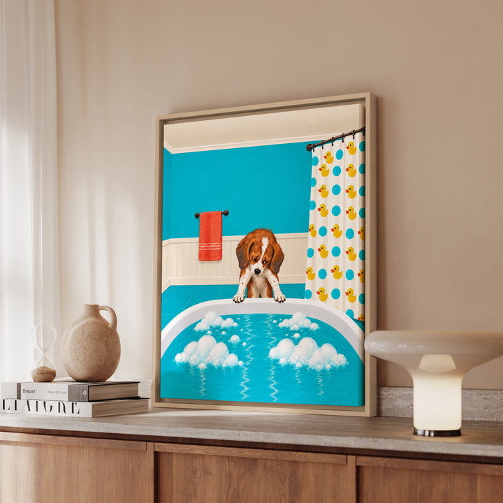 Bath Time Protest – Funny Bathroom Art with a Reluctant Droopy Dog – Canvas / Framed Canvas