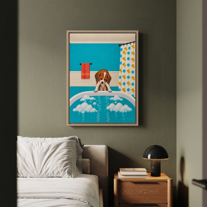 Bath Time Protest – Funny Bathroom Art with a Reluctant Droopy Dog – Canvas / Framed Canvas
