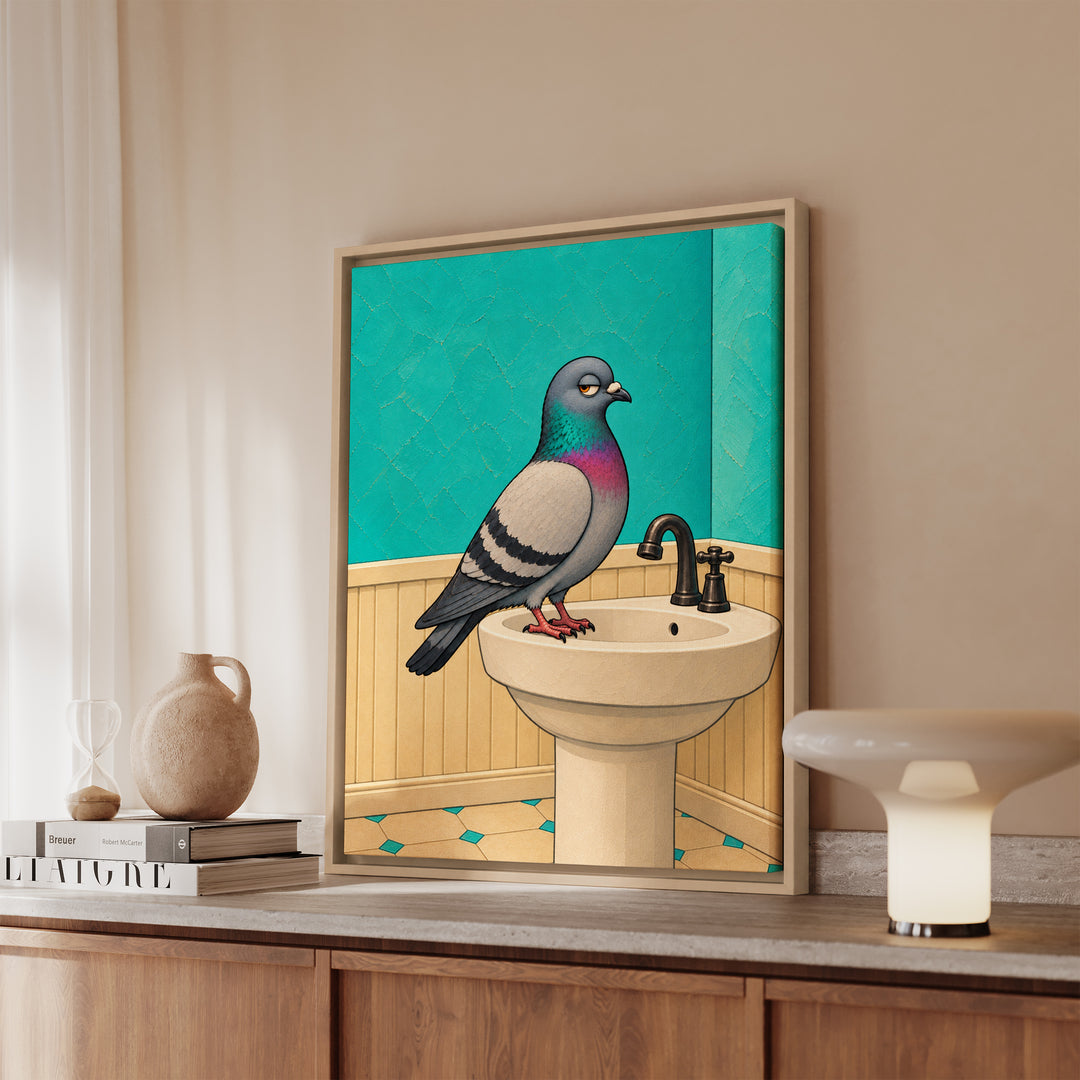 Half Bath Philosopher – Half Bath Decor with a Judgmental Pigeon – Framed Canvas Wall Art