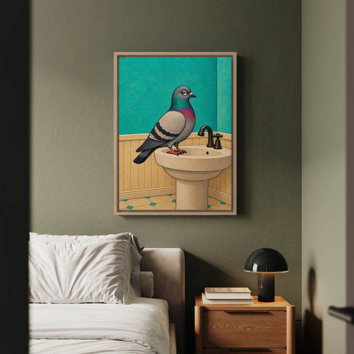 Half Bath Philosopher – Half Bath Decor with a Judgmental Pigeon – Canvas / Framed Canvas