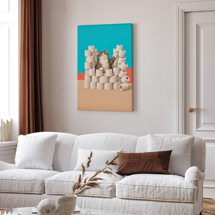 TP Fortress – Cat Bathroom Art with a Toilet Paper Castle – Canvas Wall Art