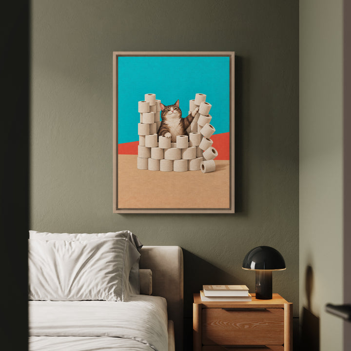 TP Fortress – Cat Bathroom Art with a Toilet Paper Castle – Framed Canvas Wall Art