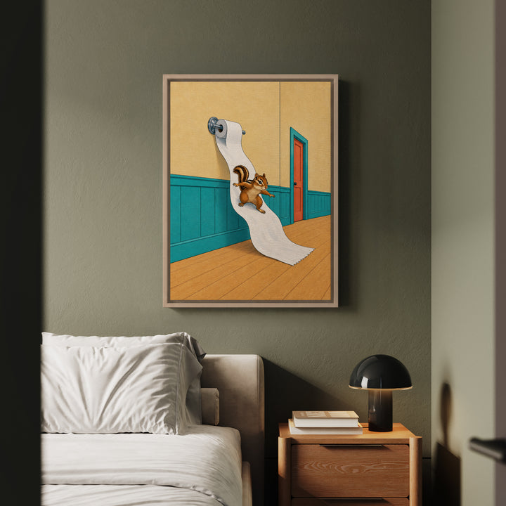 The Great Unroll – Funny Toilet Art with a Chipmunk Riding the Roll – Framed Canvas Wall Art