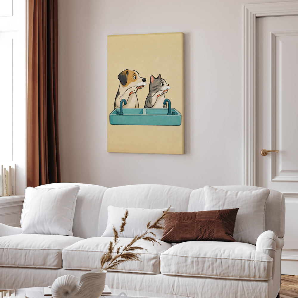Team Toothbrush – Funny Bathroom Art with a Dog and Cat at the Sink – Canvas Wall Art