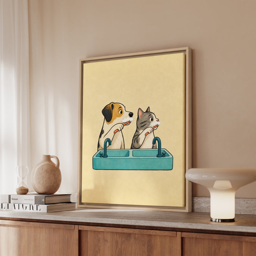 Team Toothbrush – Funny Bathroom Art with a Dog and Cat at the Sink – Framed Canvas Wall Art