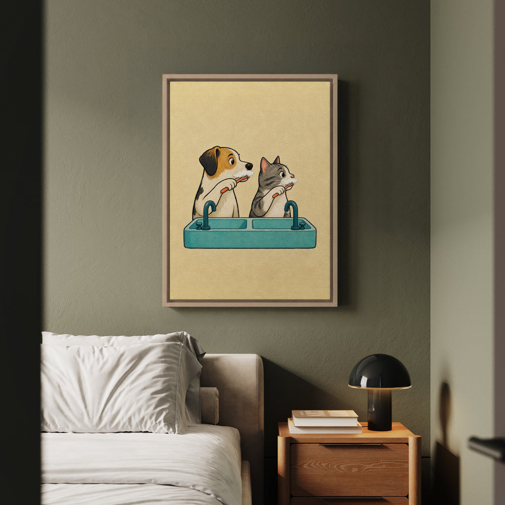 Team Toothbrush – Funny Bathroom Art with a Dog and Cat at the Sink – Framed Canvas Wall Art