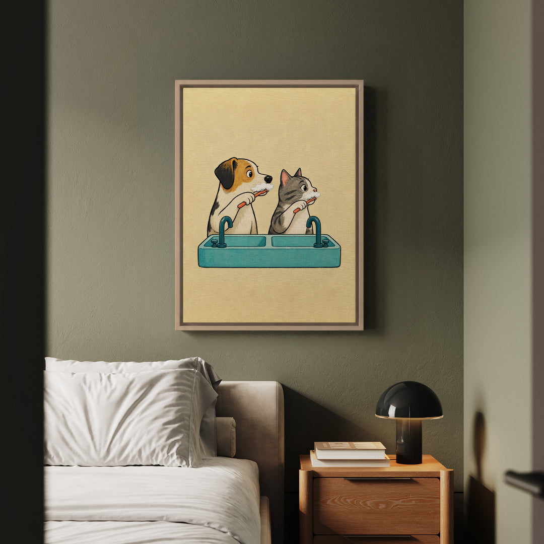 Team Toothbrush – Funny Bathroom Art with a Dog and Cat at the Sink – Framed Canvas Wall Art