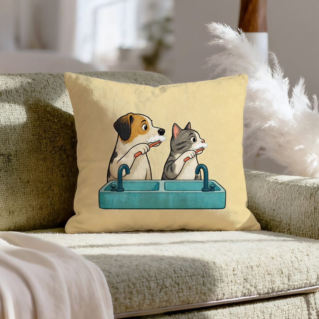 Team Toothbrush – Funny Bathroom Decor with a Dog and Cat at the Sink – Pillow Cover