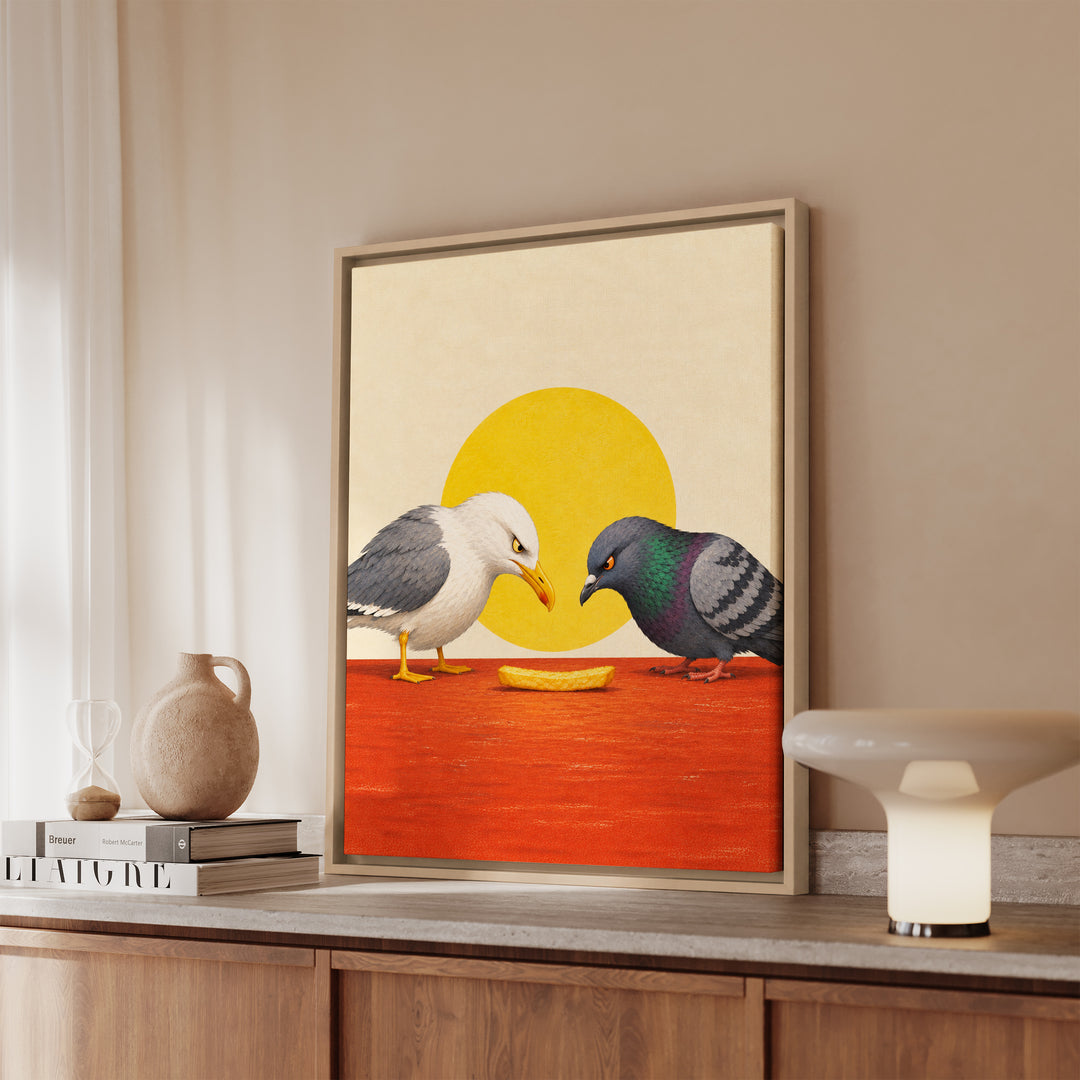 The Last Fry – Funny Kitchen Art with a Seagull and Pigeon Standoff – Framed Canvas Wall Art