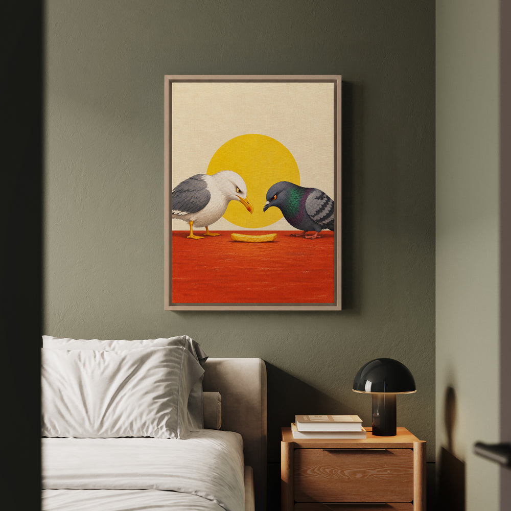 The Last Fry – Funny Kitchen Art with a Seagull and Pigeon Standoff – Framed Canvas Wall Art