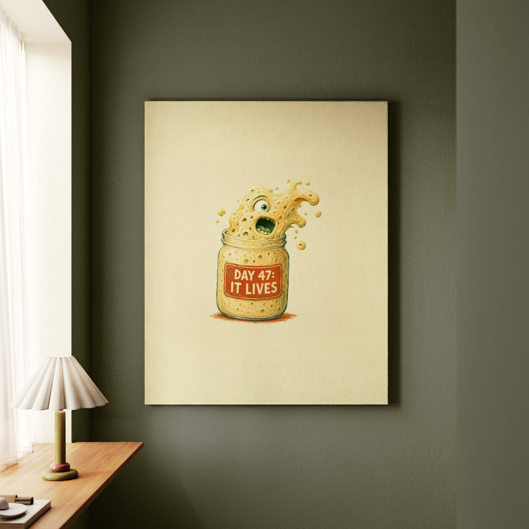 The Sourdough Diaries – Kitchen Wall Art with a Bubbling Starter in a Jar – Canvas Wall Art