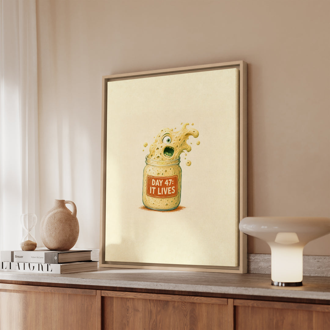 The Sourdough Diaries – Kitchen Wall Art with a Bubbling Starter in a Jar – Framed Canvas Wall Art
