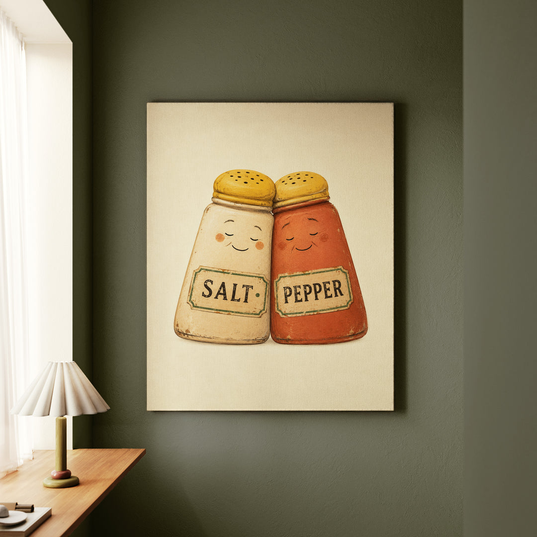Salt & Pepper, Married 40 Years – Kitchen Art with Two Shakers Leaning Together – Canvas Wall Art