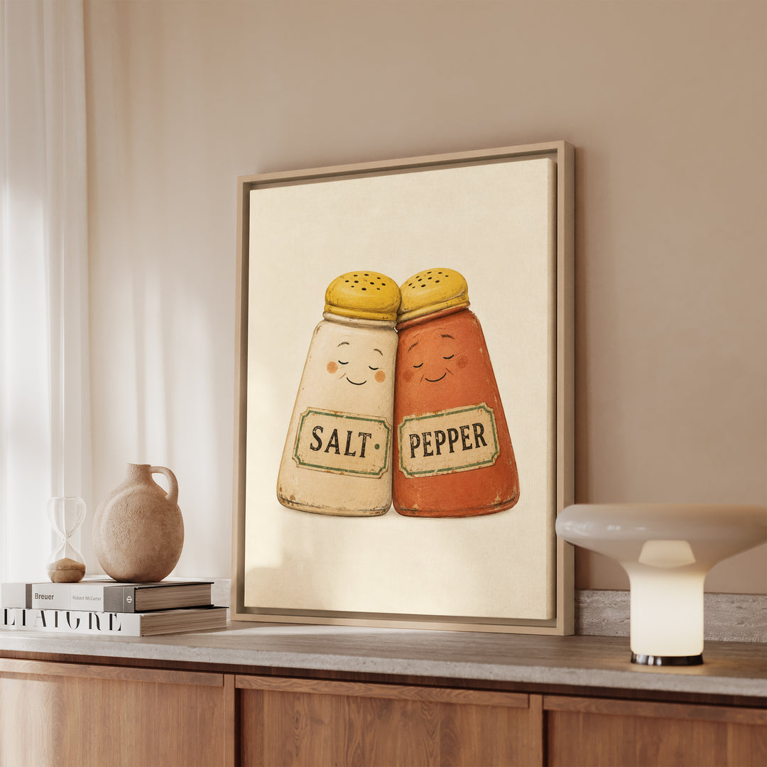 Salt & Pepper, Married 40 Years – Kitchen Art with Two Shakers Leaning Together – Framed Canvas Wall Art