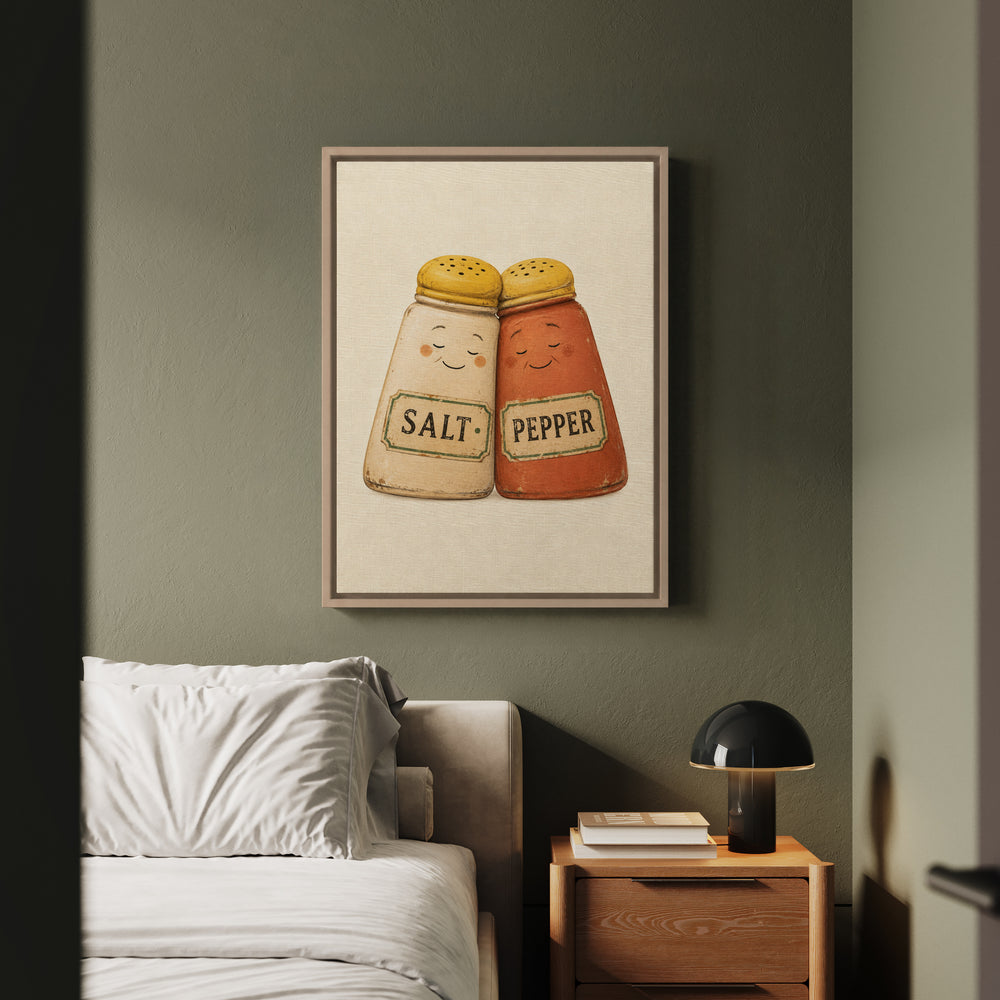 Salt & Pepper, Married 40 Years – Kitchen Art with Two Shakers Leaning Together – Framed Canvas Wall Art