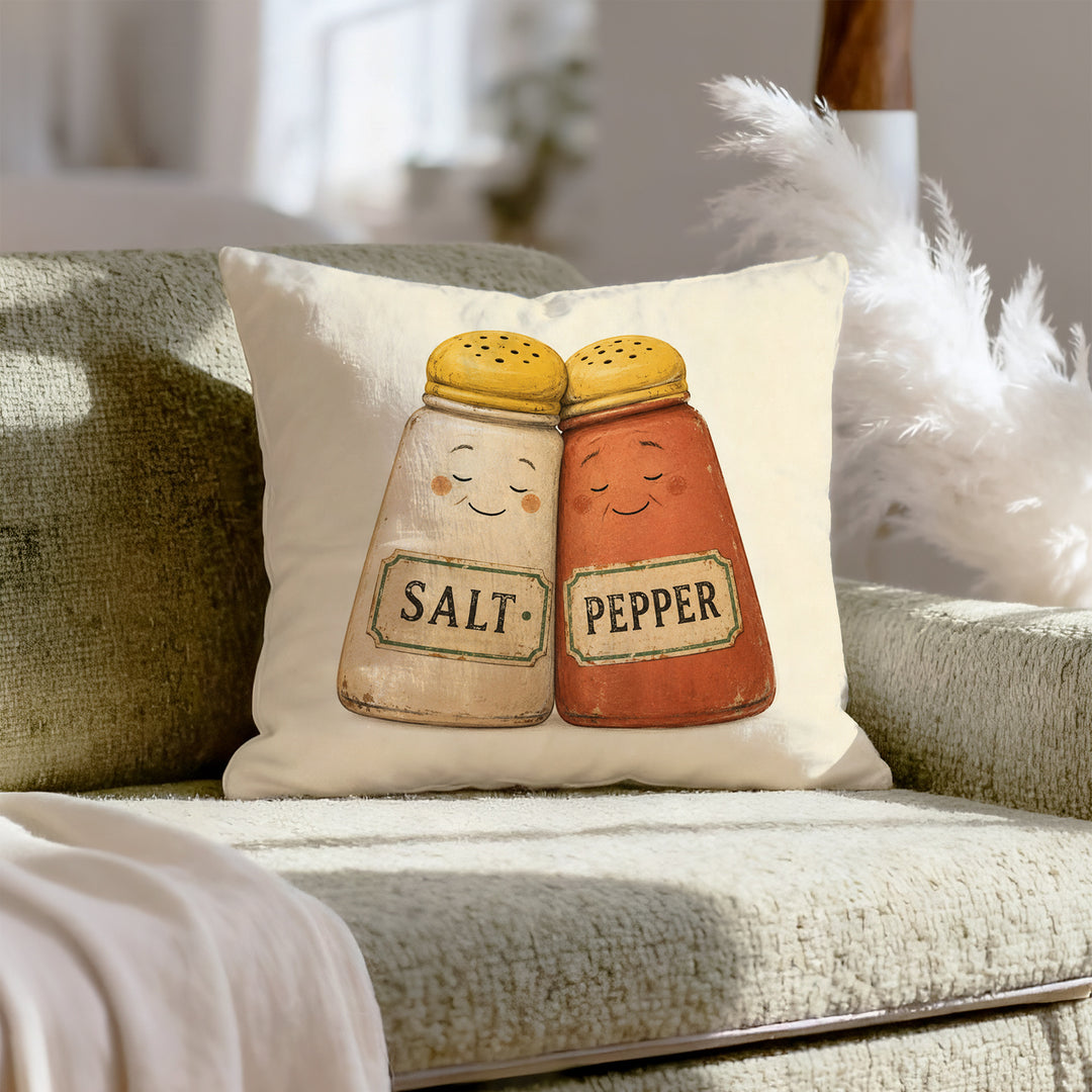Salt & Pepper, Married 40 Years – Kitchen Decor with Two Shakers Leaning Together – Pillow Cover