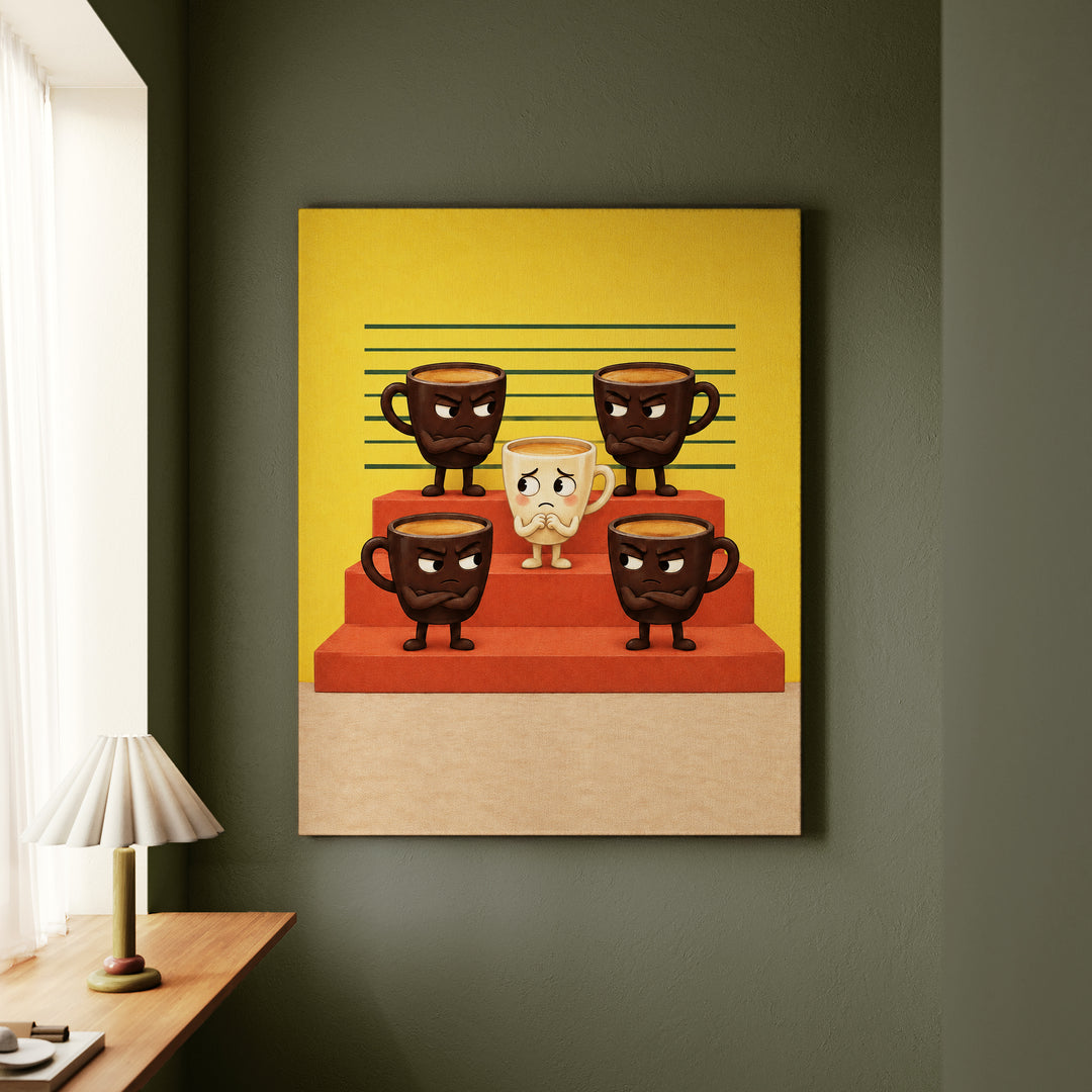 Espresso Shots: The Lineup – Coffee Wall Art with Five Cups in a Police Parade – Canvas Wall Art
