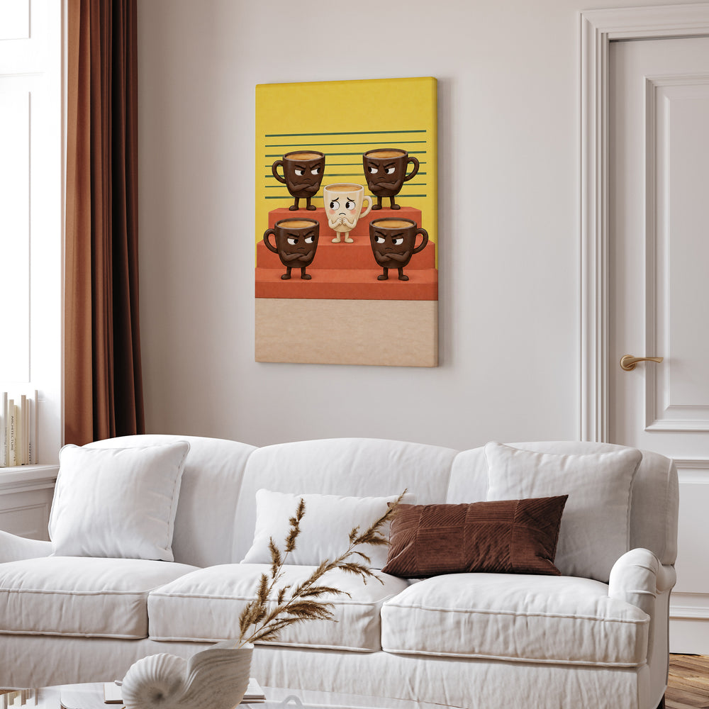 Espresso Shots: The Lineup – Coffee Wall Art with Five Cups in a Police Parade – Canvas Wall Art