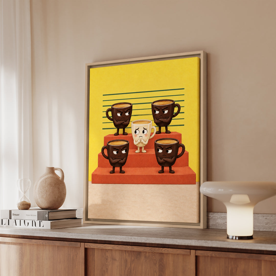 Espresso Shots: The Lineup – Coffee Wall Art with Five Cups in a Police Parade – Framed Canvas Wall Art