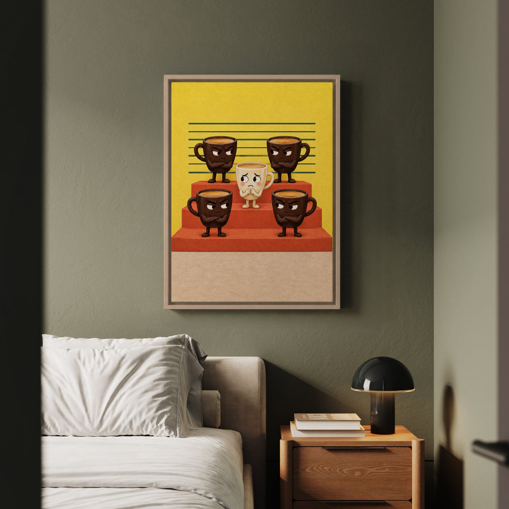 Espresso Shots: The Lineup – Coffee Wall Art with Five Cups in a Police Parade – Framed Canvas Wall Art