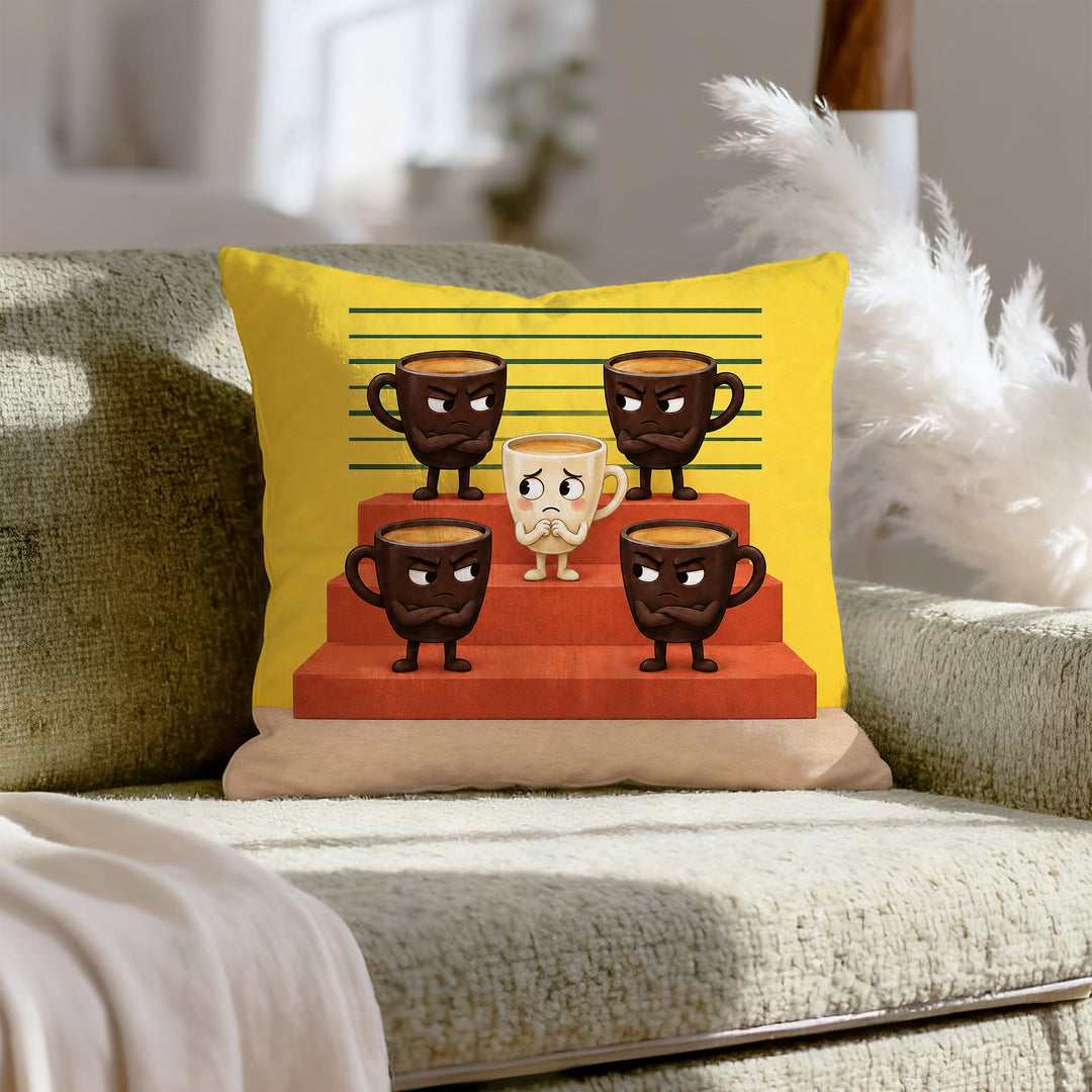 Espresso Shots: The Lineup – Coffee Wall Art with Five Cups in a Police Parade – Pillow / Cover