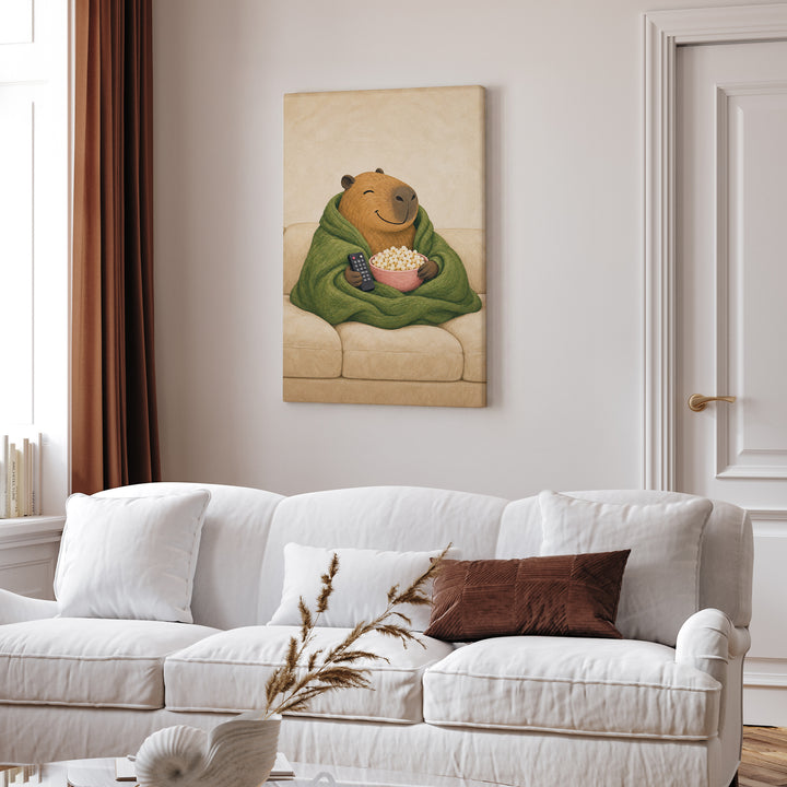 Capy & Chill – Capybara Wall Art with a Blanket and Movie Popcorn – Canvas Wall Art