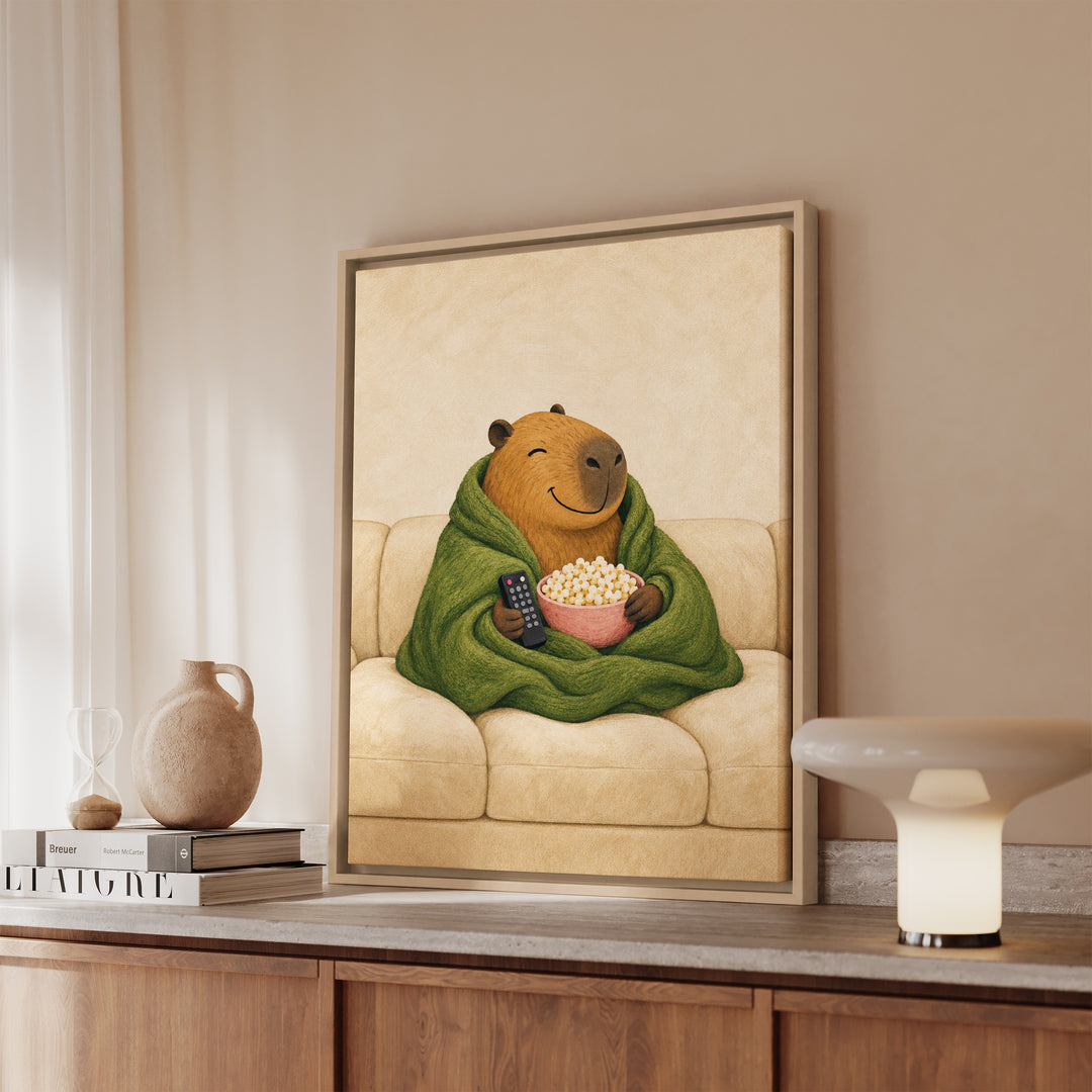 Capy & Chill – Capybara Wall Art with a Blanket and Movie Popcorn – Framed Canvas Wall Art