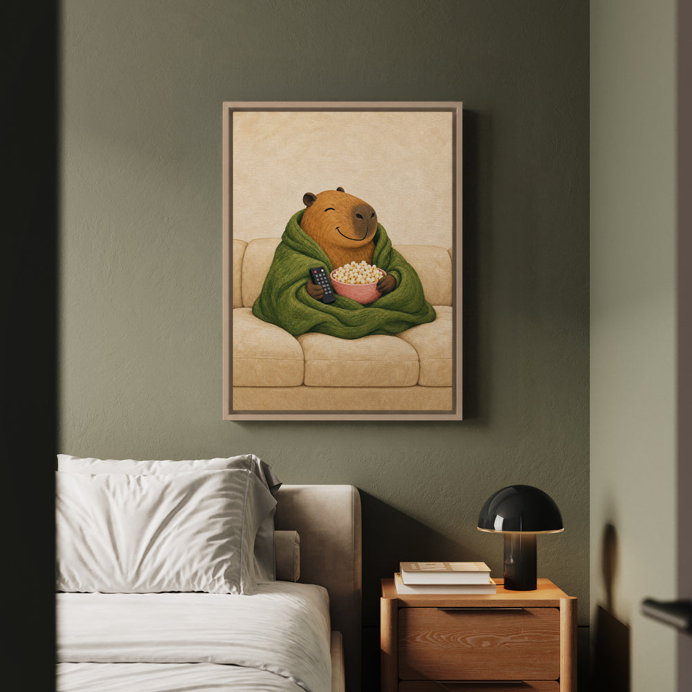 Capy & Chill – Capybara Wall Art with a Blanket and Movie Popcorn – Framed Canvas Wall Art