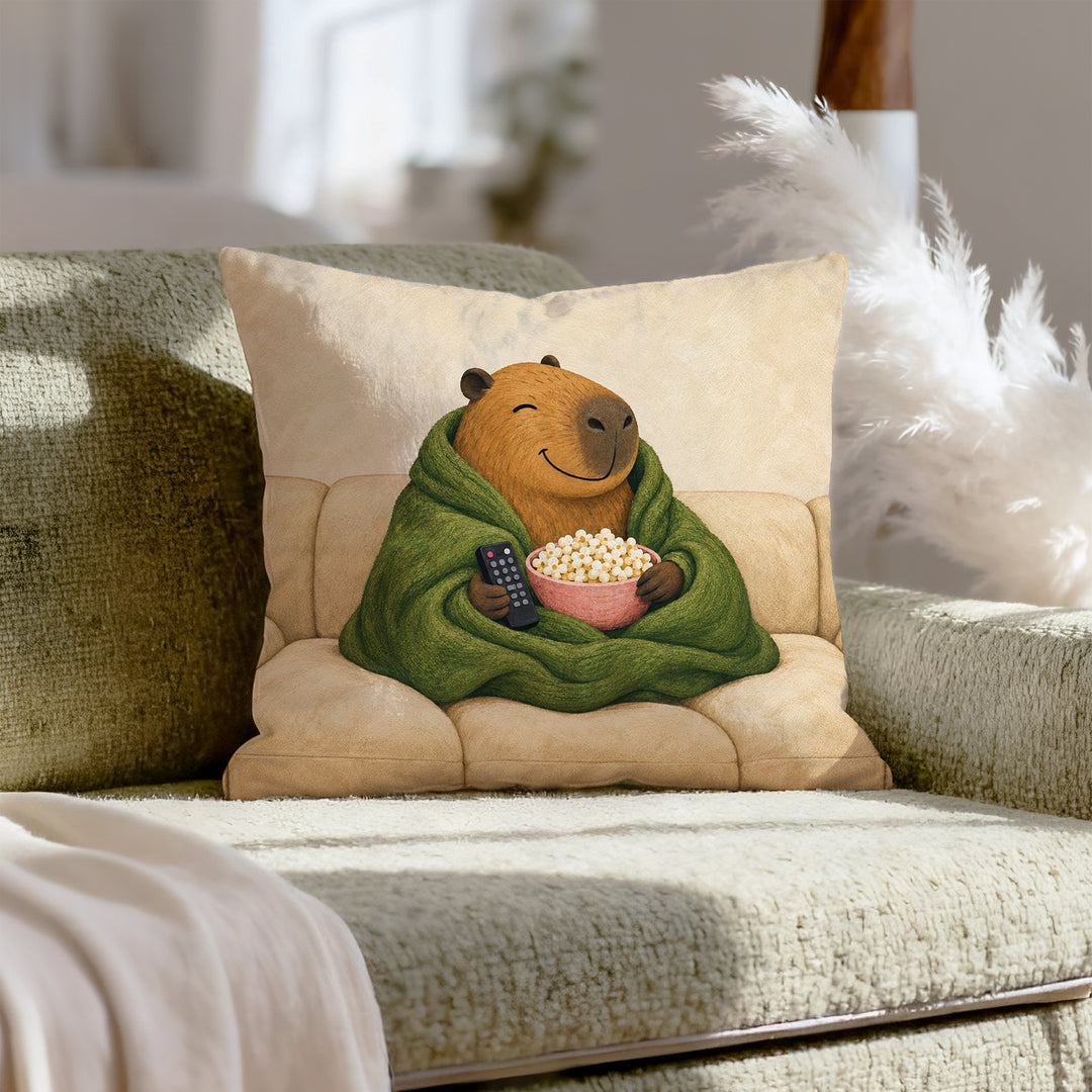 Capy & Chill – Capybara Decor with a Blanket and Movie Popcorn – Pillow Cover