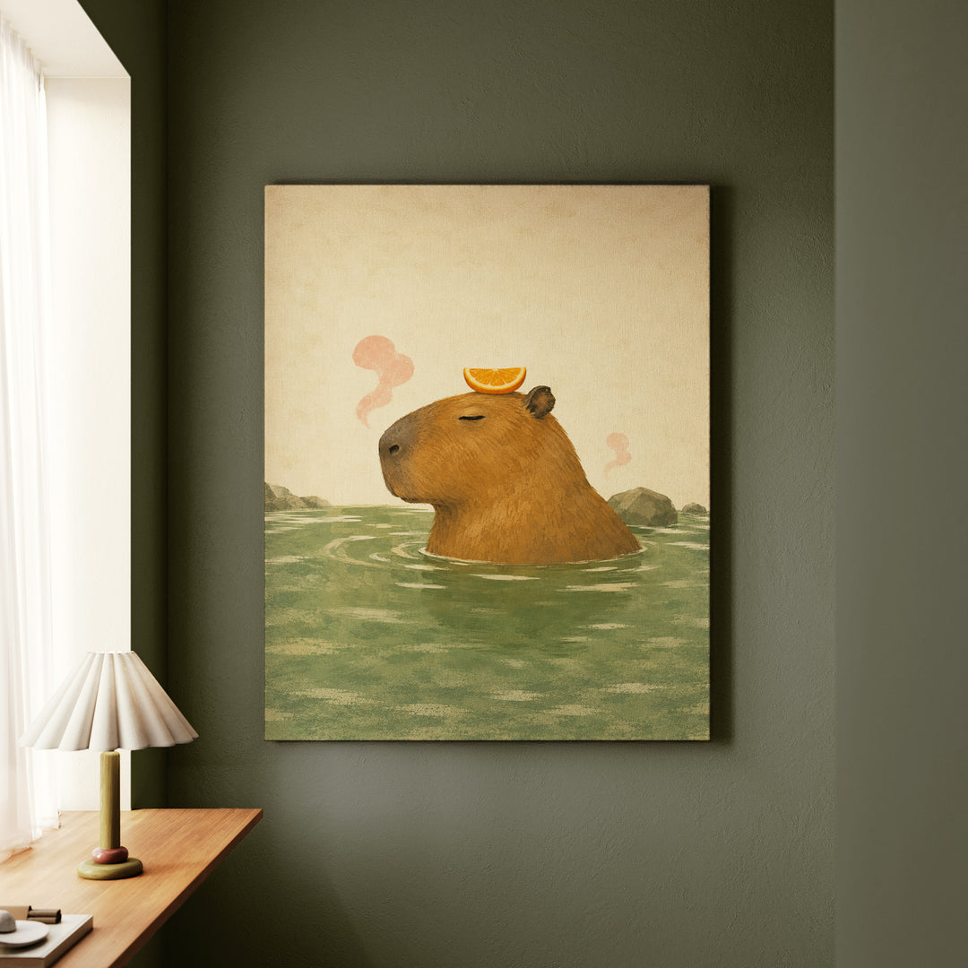Orange Slice Day – Capybara Wall Art with a Citrus Crown at the Spring – Canvas Wall Art