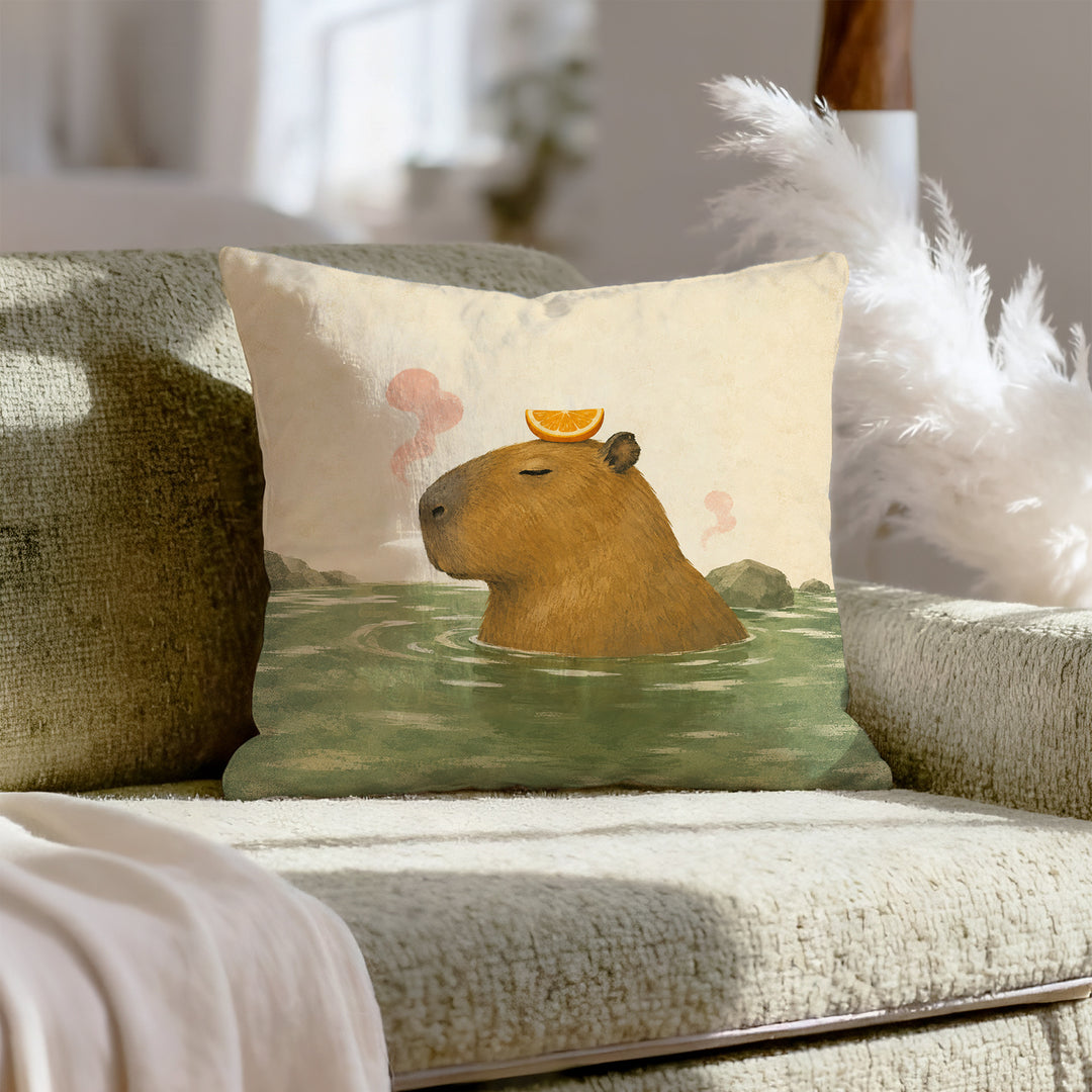 Orange Slice Day – Capybara Decor with a Citrus Crown at the Spring – Throw Pillow