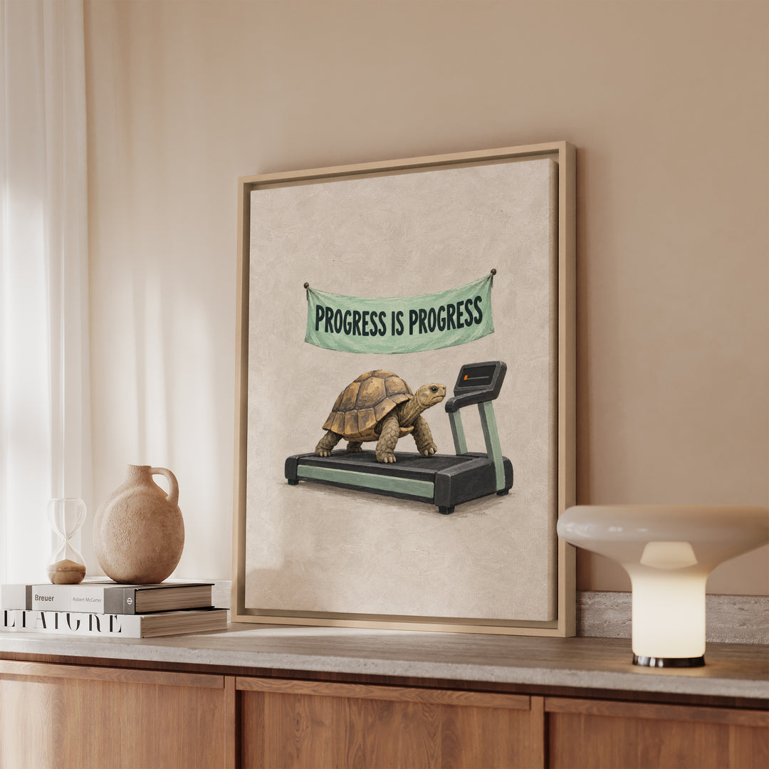 One Percent Slower – Gym Wall Art with a Tortoise on a Treadmill – Framed Canvas Wall Art